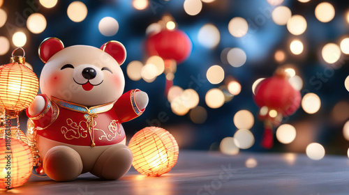 Wallpaper Mural Happy bear figurine in red outfit with lanterns, celebrating New Year. festive atmosphere is enhanced by glowing lights and traditional decorations, creating joyful scene Torontodigital.ca