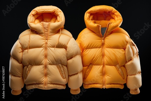 Stylish puffer jackets in vibrant shades of orange displayed against a dark background for fashion enthusiasts photo