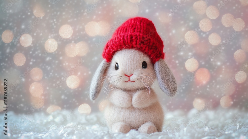 Adorable fluffy bunny in red knit hat in a winter wonderland Adorable fluffy bunny in red knit hat in a winter wonderland