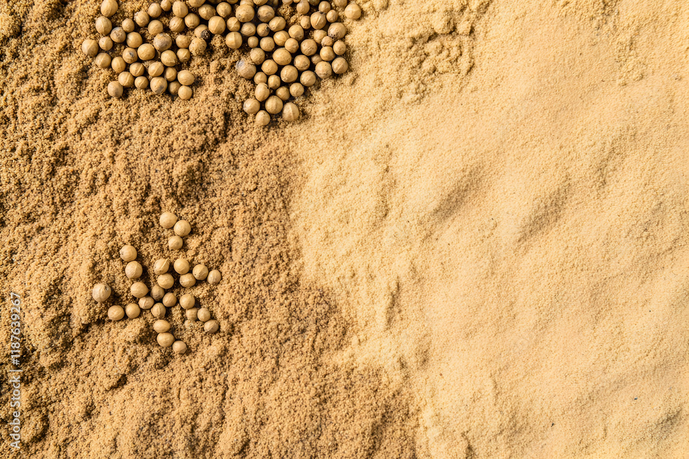 Soybean Powder and Beans: Close-up of raw soybeans and soybean powder, the perfect ingredient for cooking. The beige color and textures creates a harmonious visual. Soybean Powder and Beans: Close-up of raw soybeans and soybean powder, the perfect ingredient for cooking. The beige color and textures creates a harmonious visual.