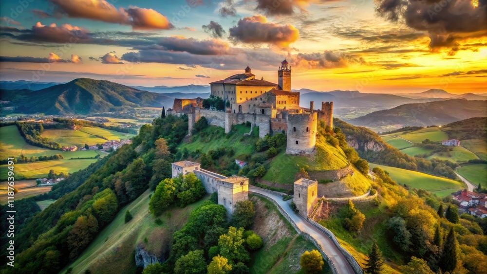 Fototapeta premium Medieval Fortress on Hilltop - Impregnable Stronghold - AI Photo