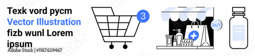 Shopping cart with number 3, storefront with bags and delivery items, and medicine bottle. Ideal for e-commerce, retail, pharmacy, health, shopping, online stores, and delivery services. Landing page