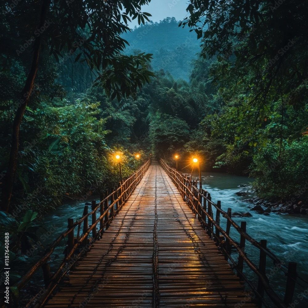 Fototapeta premium Serene Bamboo Bridge in Lush Forest Landscape
