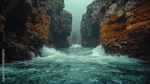 Rugged coastal canyon with turbulent sea waves between majestic cliffs photo