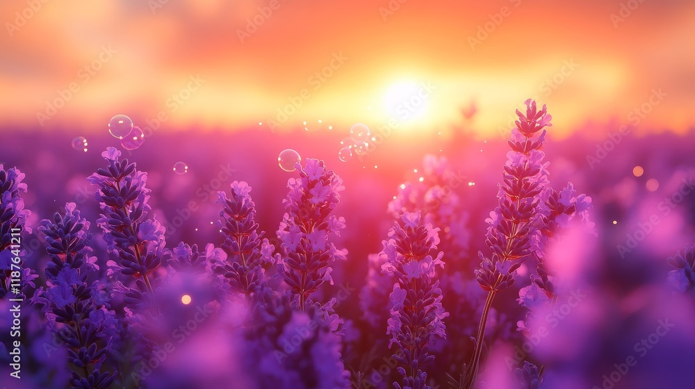 Obraz premium Sunset over lavender field with glowing warm light and delicate bubbles
