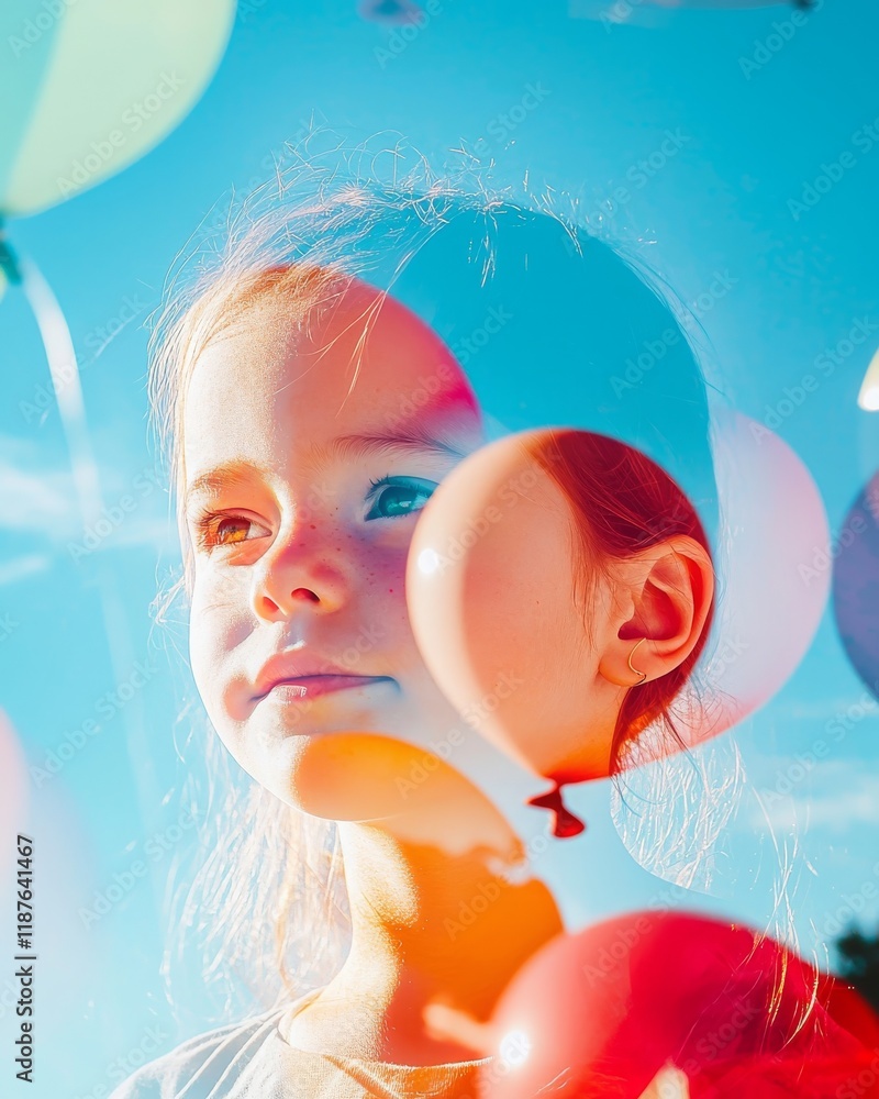 Colorful Balloons and Child's Face in Bright Sunshine Colorful Balloons and Child's Face in Bright Sunshine