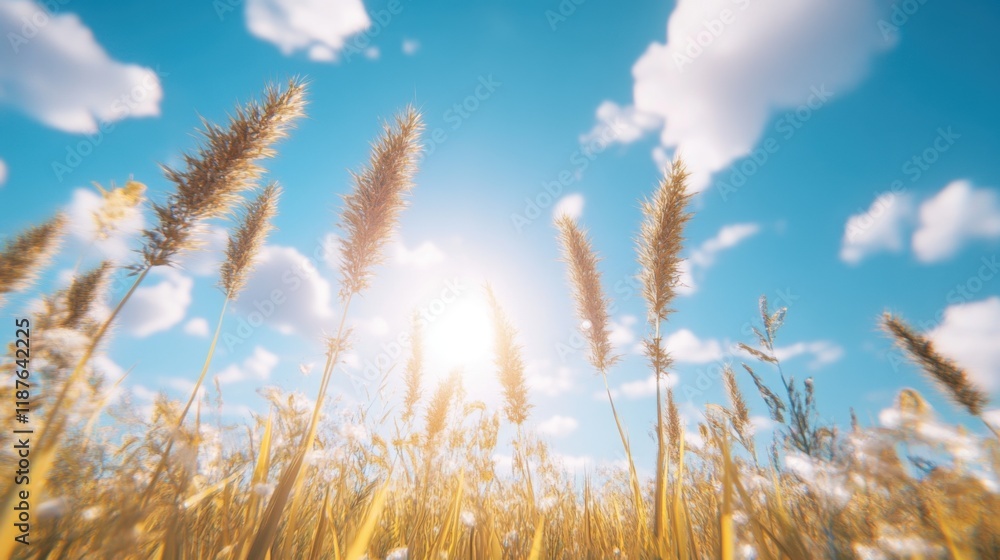 Golden Paddy Fields Swaying in the Gentle Wind Under a Bright Blue Sky with Soft, Natural Light Captured in a Wide-Angle View of Rural Farm Setting Golden Paddy Fields Swaying in the Gentle Wind Under a Bright Blue Sky with Soft, Natural Light Captured in a Wide-Angle View of Rural Farm Setting