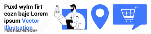 Doctor holding a prescription, a location pin icon, and a shopping cart in a speech bubble. Ideal for telemedicine, online consultations, e-commerce, healthcare, geolocation, web design, UIUX landing