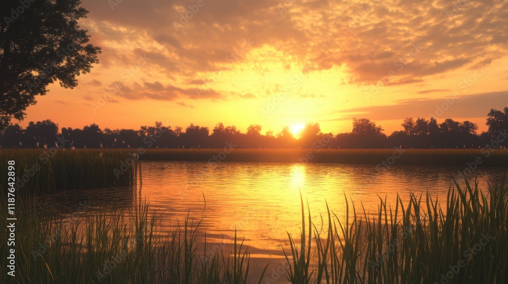 Serene Sunrise Over Calm Water with Golden Light Touching Rural Landscape in Tranquil Field Setting Serene Sunrise Over Calm Water with Golden Light Touching Rural Landscape in Tranquil Field Setting