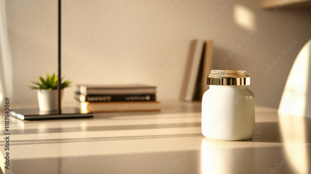 Minimalist Desk with Jar and Books in Warm Sunlight Minimalist Desk with Jar and Books in Warm Sunlight