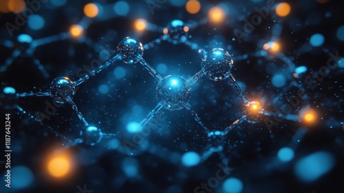 Futuristic molecular structure with blue and orange glowing connections