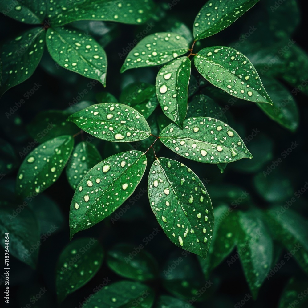 Fresh Green Leaves with Raindrops on Surface Fresh Green Leaves with Raindrops on Surface
