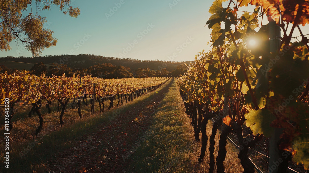 Naklejka premium Golden Hour Vineyard. Picturesque rows of grapevines stretch to distance in late afternoon golden light. Warm & inviting vineyard landscape.