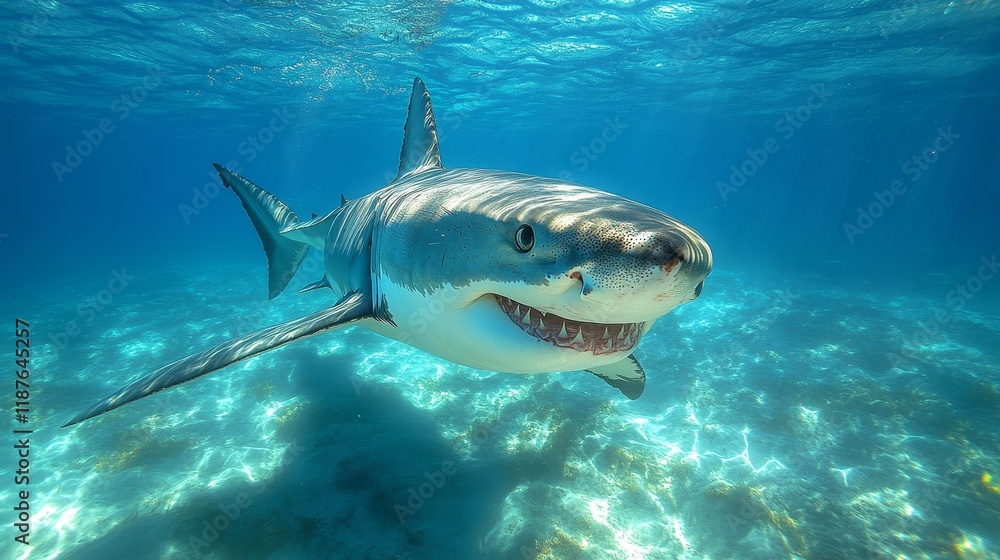 Fototapeta premium Great white shark swimming underwater in clear ocean blue water
