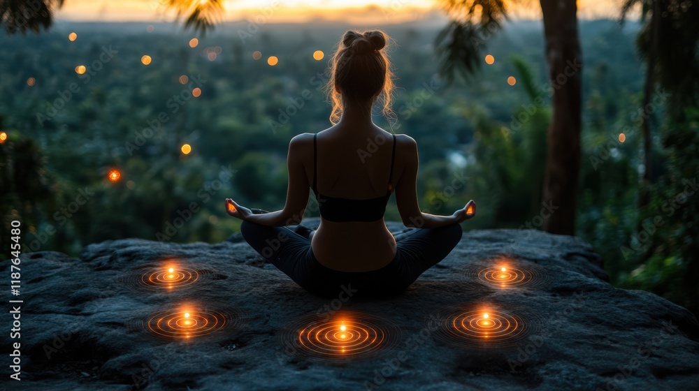 A person sits cross-legged in a meditative pose surrounded by glowing candles on a rock.The serene atmosphere and peaceful surroundings create a sense of tranquility and balance A person sits cross-legged in a meditative pose surrounded by glowing candles on a rock.The serene atmosphere and peaceful surroundings create a sense of tranquility and balance