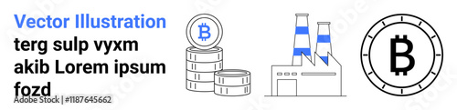 Vector images of Bitcoin coins, a factory with chimneys, and a large Bitcoin symbol. Ideal for cryptocurrency topics, Bitcoin mining, blockchain technology, digital finance, online transactions