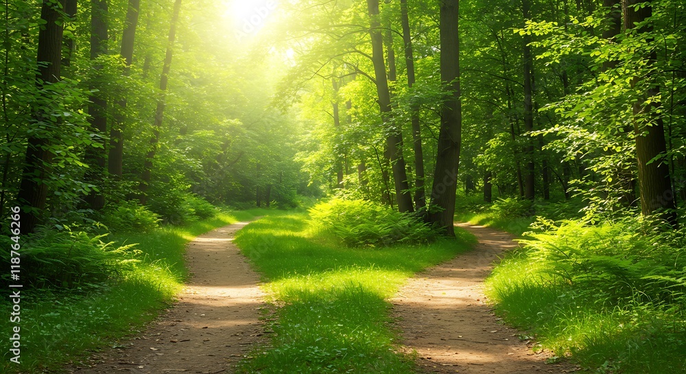 Dirt Road Splitting into Two Paths in a Lush Green Forest – Symbolizing Choices and Decisions in a Tranquil Natural Setting Dirt Road Splitting into Two Paths in a Lush Green Forest – Symbolizing Choices and Decisions in a Tranquil Natural Setting