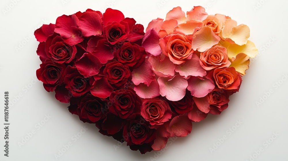 Red and pink rose petals shaped in a heart on a white background Red and pink rose petals shaped in a heart on a white background