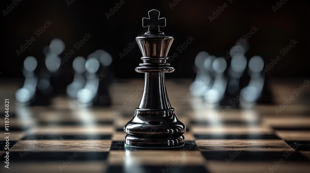 Chessboard featuring an intricately detailed king piece standing prominently at the center, surrounded by blurred pawn pieces in an elegant game setup Chessboard featuring an intricately detailed king piece standing prominently at the center, surrounded by blurred pawn pieces in an elegant game setup