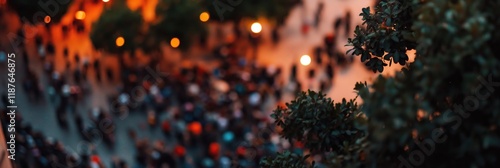 This dynamic image captures a bustling crowd during twilight, emphasizing the energy of urban life and human connections in a vibrant city setting filled with atmosphere. photo