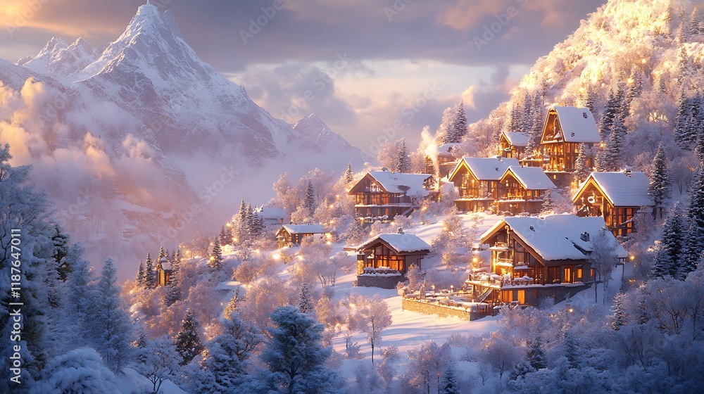 Winter wonderland cabins in the mountains snowy landscape serenity Winter wonderland cabins in the mountains snowy landscape serenity
