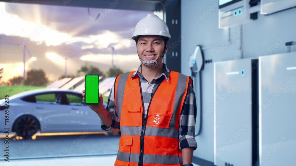 Asian Male Engineer With Safety Helmet Smiling And Showing Green Screen Smartphone To The Camera While Standing With Home Energy Storage System In a Modern Garage Asian Male Engineer With Safety Helmet Smiling And Showing Green Screen Smartphone To The Camera While Standing With Home Energy Storage System In a Modern Garage