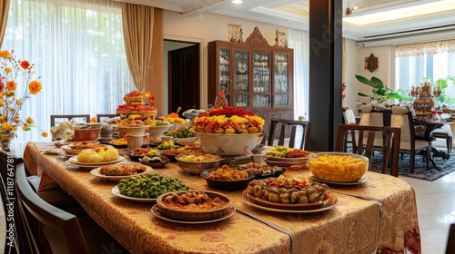 A beautiful display of Hari Raya food on a large dining table, with traditional dishes and festive decorations