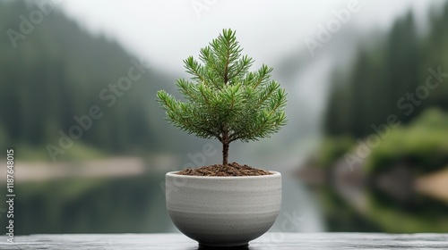 A small potted pine tree stands gracefully against a serene backdrop of a misty lake and lush green mountains, evoking a sense of tranquility and harmony with nature photo