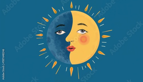 Charming illustration of sun and moon faces, symbolizing equinox and the balance of day and night photo