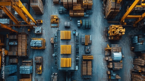 Aerial View of a Vast and Organized Industrial Warehouse Storage Facility with Stacked Cargo Containers and Heavy Machinery in Coordinated Layout
