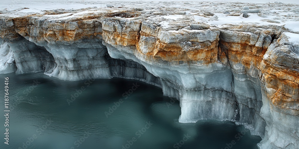 Naklejka premium A Majestic Frozen Cliff with Layers of Ice and Rock by a Calm Body of Water under a Wintry Sky Creating a Stunning Natural Landscape Scene
