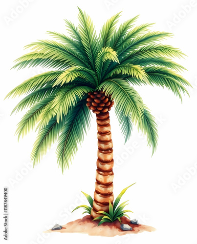 Palm tree with detailed leaves, fruits, and trunk, located on sand with a white background, for use in a tropical themed design photo