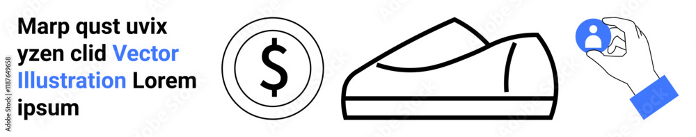 Shoe outline, dollar symbol inside circle, hand holding user icon, text blocks. Ideal for e-commerce, mobile apps, marketing, shopping, footwear industry, financial transactions, customer engagement Shoe outline, dollar symbol inside circle, hand holding user icon, text blocks. Ideal for e-commerce, mobile apps, marketing, shopping, footwear industry, financial transactions, customer engagement