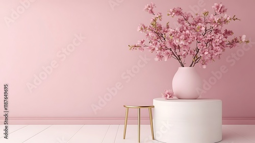 Wallpaper Mural Pink blossoms in vase on white pedestal with gold stool Torontodigital.ca