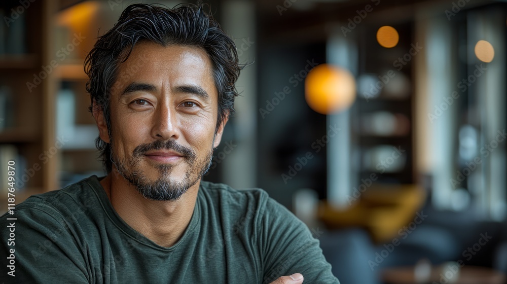 Confident man smiling, apartment, bookshelves background, portrait Confident man smiling, apartment, bookshelves background, portrait