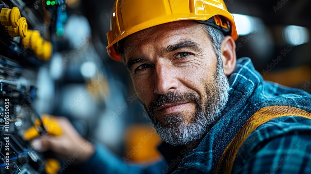 Confident worker, factory setting, machinery background, industrial portrait Confident worker, factory setting, machinery background, industrial portrait