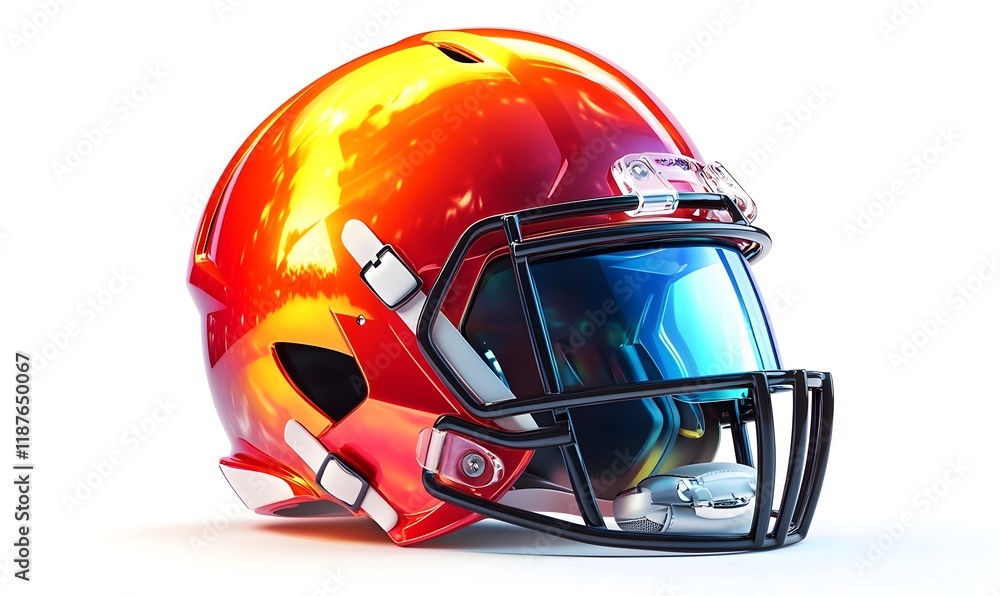 Fototapeta premium Glossy orange and red American football helmet with facemask, isolated on white.