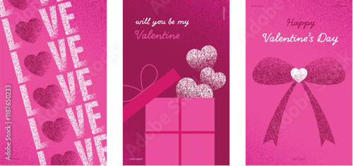 Set of pink Valentine's day poster, cover and greeting cards showing hearts, gift box and bow in stipple grainy texure for relationship, lover, couple, dating, sweetheart design