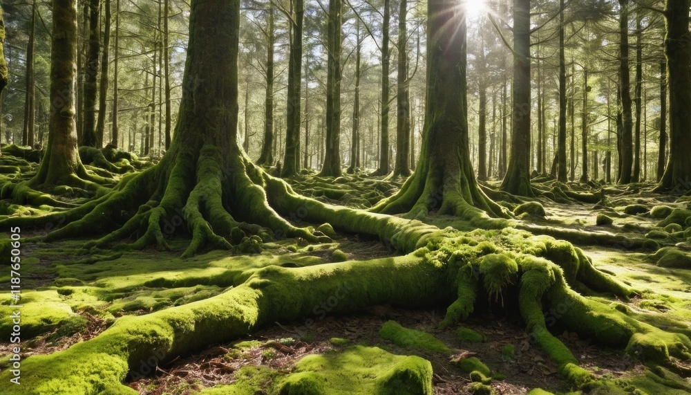 Trees, roots and moss in the sunny woods