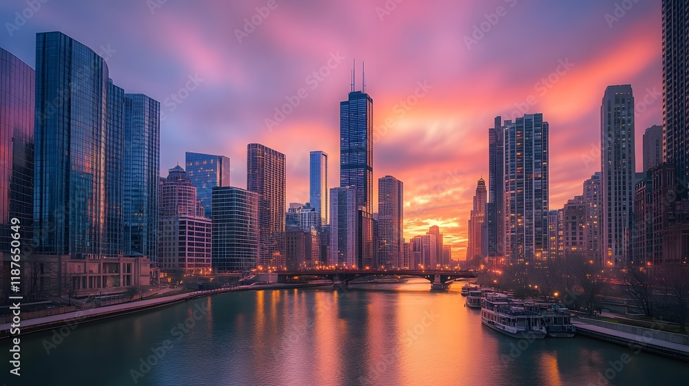 Fototapeta premium Breathtaking Dubai Skyline at Sunset - Aerial Cityscape Photography