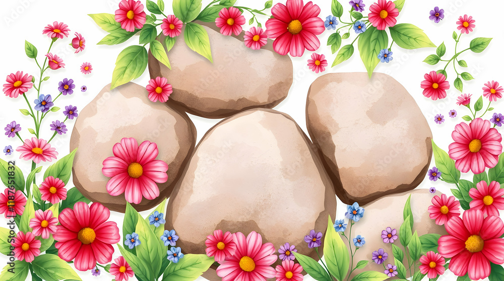 Several tan rocks surrounded by pink and blue flowers with green leaves against a white backdrop, used for backgrounds or digital art Several tan rocks surrounded by pink and blue flowers with green leaves against a white backdrop, used for backgrounds or digital art