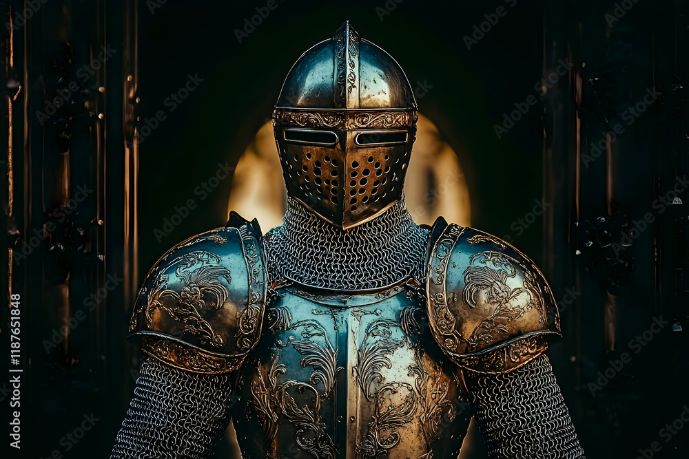 A medieval knight in shining armor stands guard, a powerful and mysterious figure in the shadows A medieval knight in shining armor stands guard, a powerful and mysterious figure in the shadows