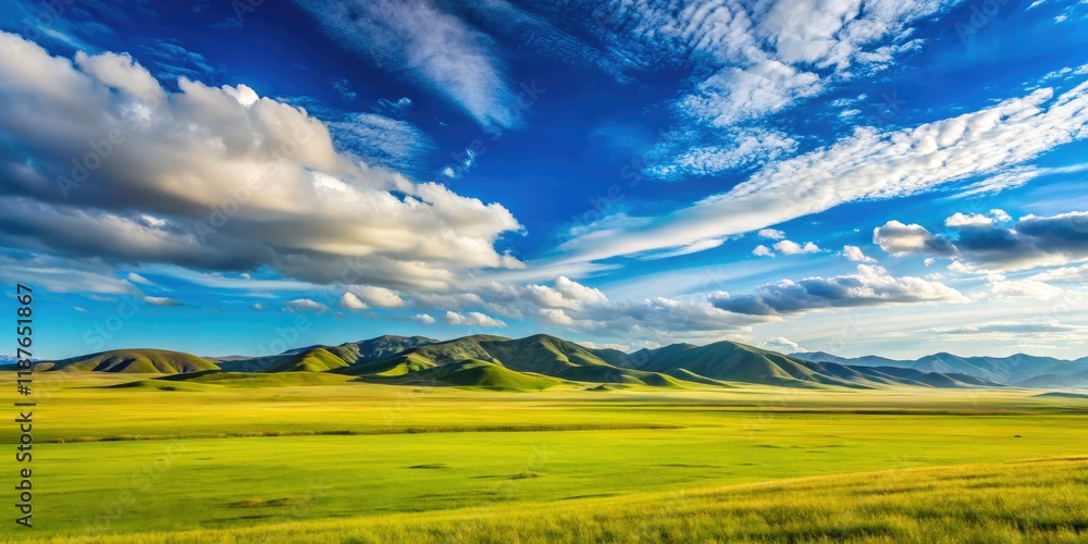 Obraz premium Mongolian Meadow Minimalist Travel Photography, Clear Sky, Azure