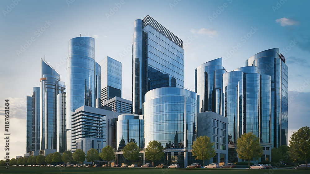 Obraz premium Modern city skyline, sunrise, business district, urban landscape, architecture