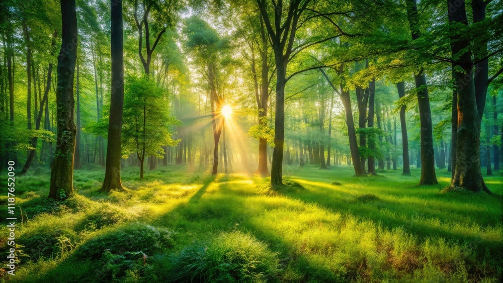 Obraz premium Morning Glow in Green Woods - AI Photography