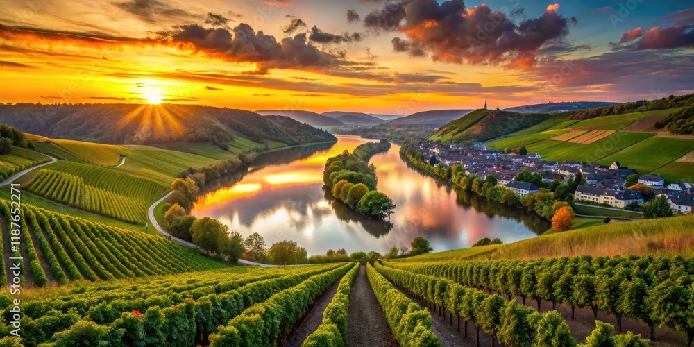 Fototapeta premium Moselle River Vineyards Silhouette, Wormeldange Luxembourg, Scenic Landscape