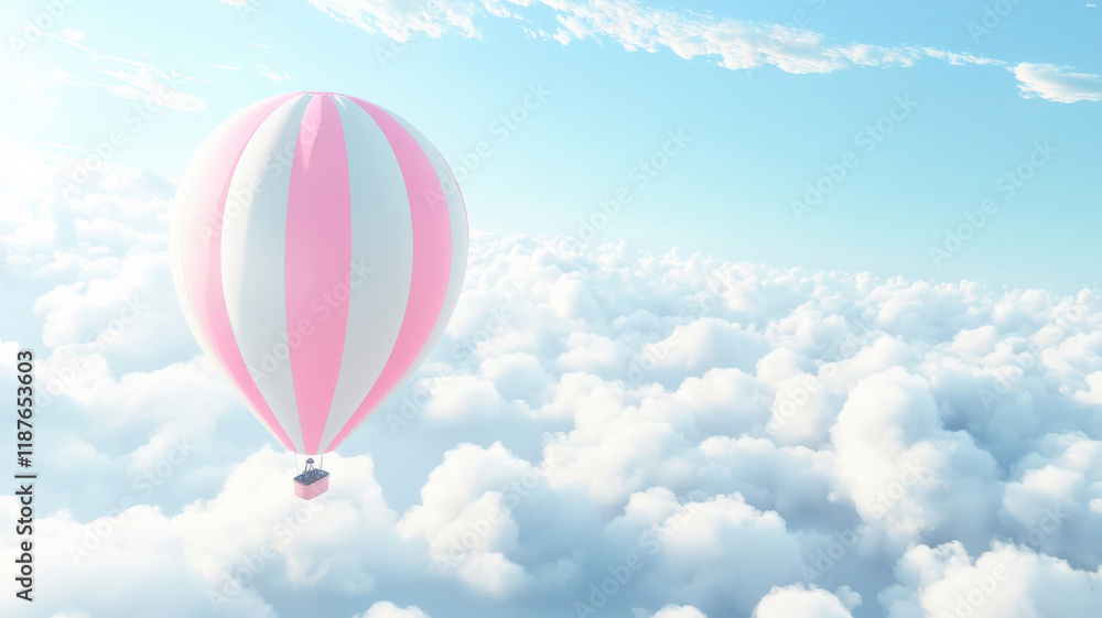 Fototapeta premium Dreamy Balloon in Cloudy Sky. Pink & white striped balloon floats against fluffy clouds. Romantic & whimsical. Carefree & lighthearted atmosphere