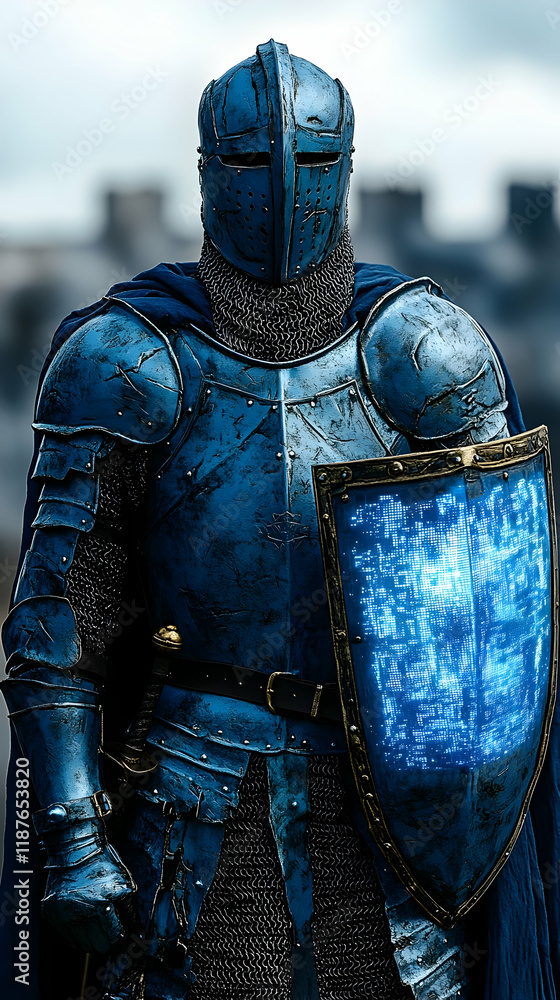 A Blue Medieval Knight with a Digital Shield Stands Ready for Battle A Blue Medieval Knight with a Digital Shield Stands Ready for Battle