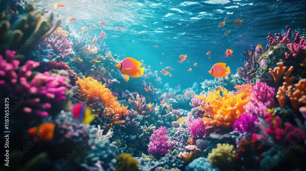 Fototapeta premium Vibrant coral reef teeming with colorful fish and diverse marine life under sunlit ocean water.