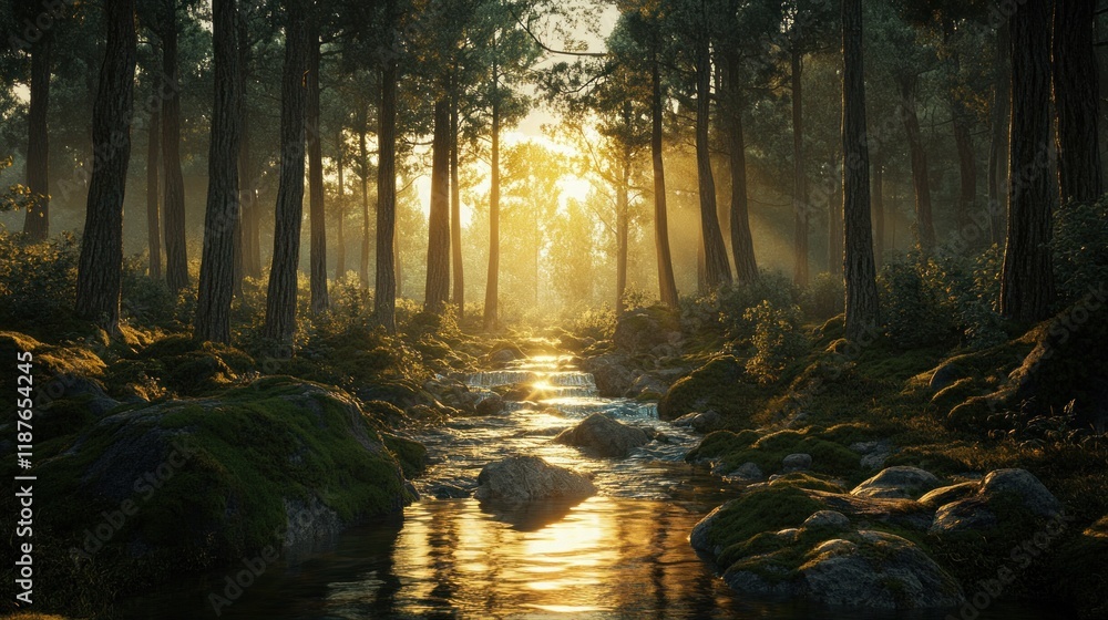 Fototapeta premium Sunrise forest stream, misty path, tranquil nature scene, peaceful background